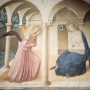 Annunciation of the Lord to Mary. Angel genuflecting to our Lady.