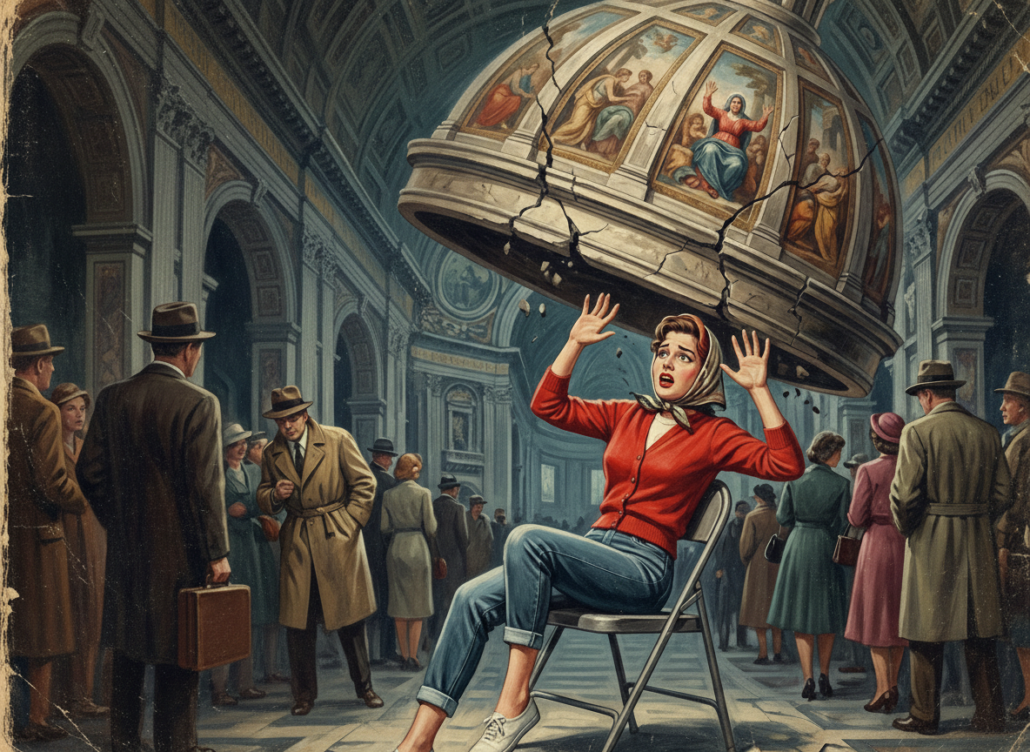 The picture shows a woman sitting in a chair frightened with her hands raised above her head as a basilica dome appears to be falling on top of her.