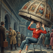 The picture shows a woman sitting in a chair frightened with her hands raised above her head as a basilica dome appears to be falling on top of her.