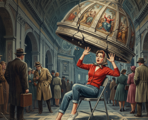 The picture shows a woman sitting in a chair frightened with her hands raised above her head as a basilica dome appears to be falling on top of her.