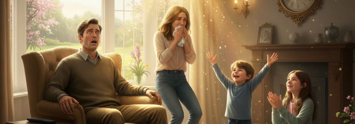 A family is in their living room -a little boy is jumping for joy, a mother has her hands up to her face in disbelief, and the father is sitting in his chair in shock.