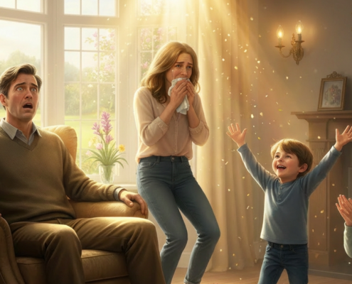 A family is in their living room -a little boy is jumping for joy, a mother has her hands up to her face in disbelief, and the father is sitting in his chair in shock.