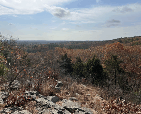 A view from the top of a hiking trail overlooking rock and woods.