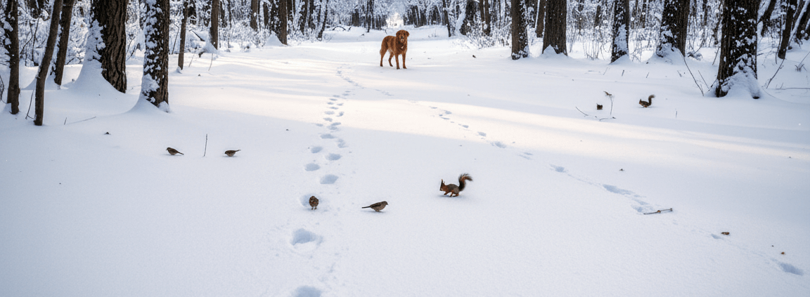 A snowy forest where a dog stops to look back at its own tracks where birds are grazing.
